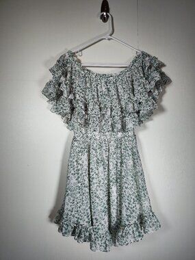 Hello Molly green floral ruffle off shoulder mini dress S
